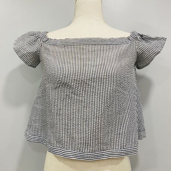 ANTHROPOLOGIE dRA Los Angeles S Seersucker Striped Gray Cottagecore Peasant Top - Picture 1 of 14